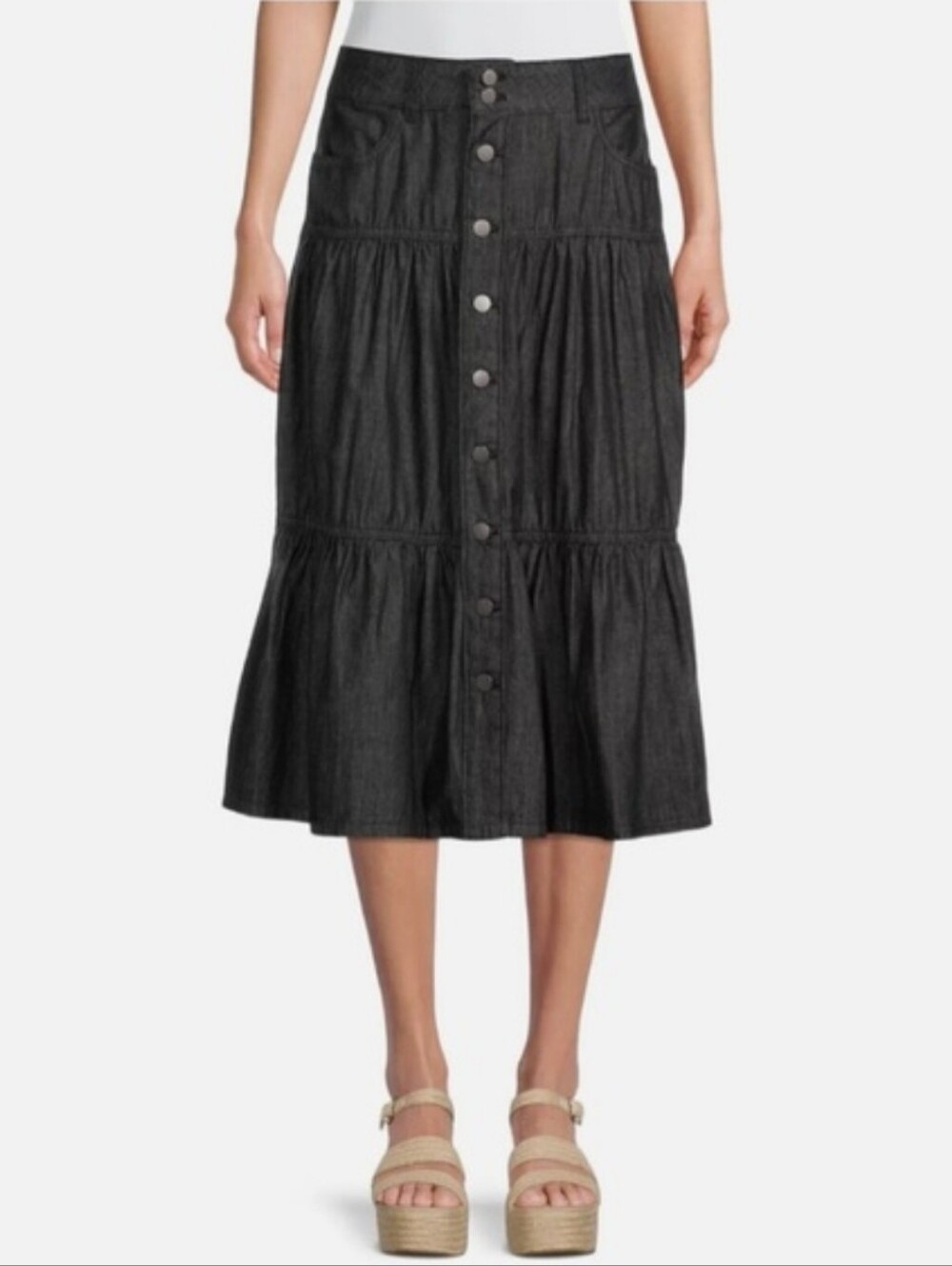 New 100% Cotton Black Tiered Denim Skirt
